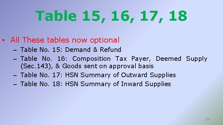 Table 15, 16, 17, 18 • All These tables now optional – Table No.