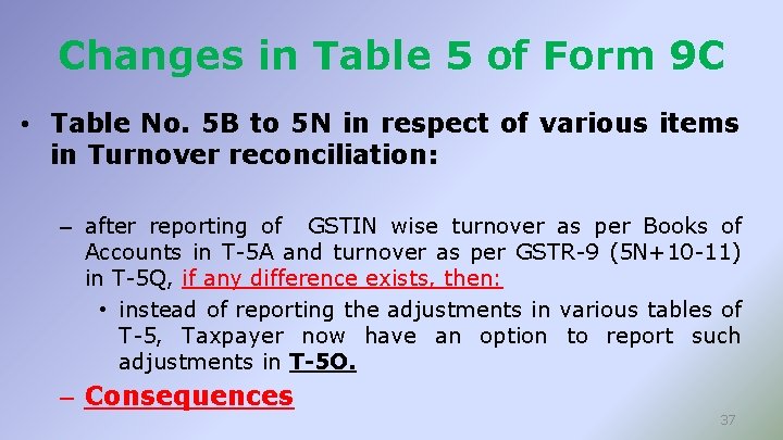 Changes in Table 5 of Form 9 C • Table No. 5 B to