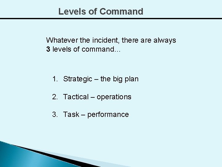 Levels of Command Whatever the incident, there always 3 levels of command… 1. Strategic