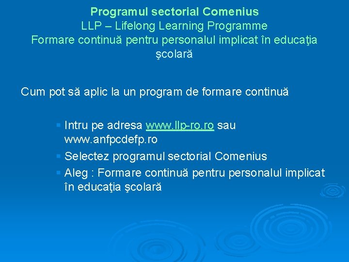 Programul sectorial Comenius LLP – Lifelong Learning Programme Formare continuă pentru personalul implicat în