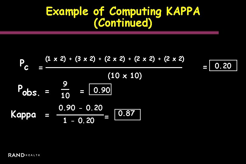 Example of Computing KAPPA (Continued) Pc = (1 x 2) + (3 x 2)