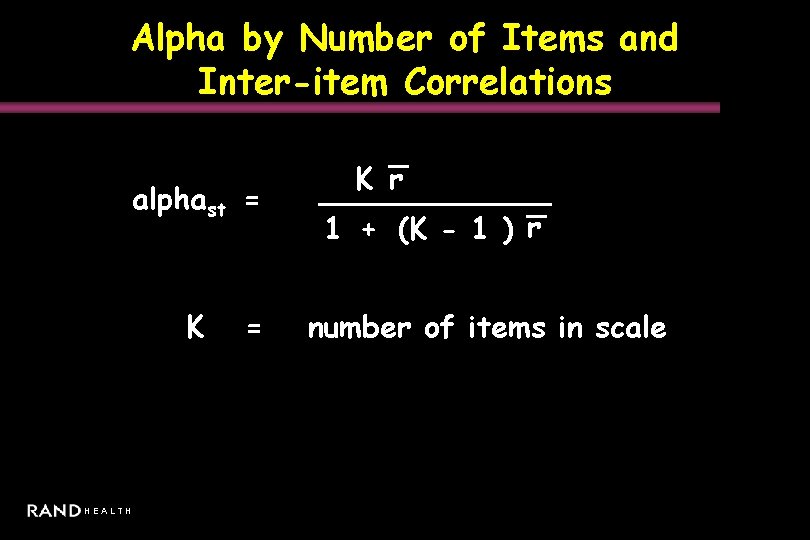 Alpha by Number of Items and Inter-item Correlations alphast = K HEALTH = _