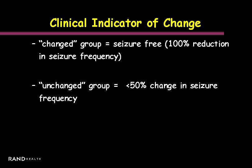 Clinical Indicator of Change – “changed” group = seizure free (100% reduction in seizure