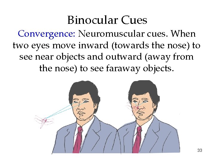 Binocular Cues Convergence: Neuromuscular cues. When two eyes move inward (towards the nose) to Binocular Cues Convergence: Neuromuscular cues. When two eyes move inward (towards the nose) to