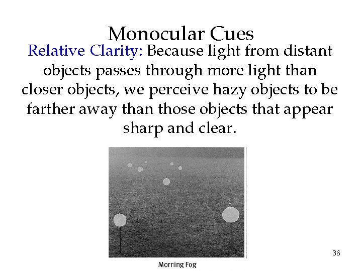 Monocular Cues Relative Clarity: Because light from distant objects passes through more light than