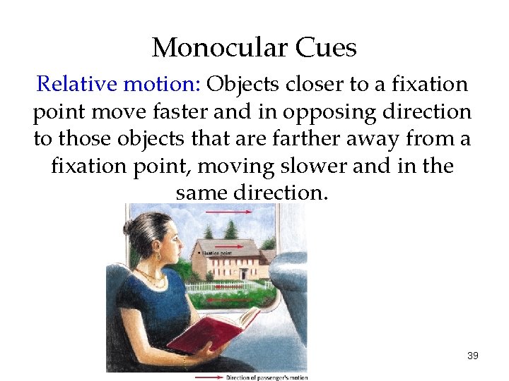 Monocular Cues Relative motion: Objects closer to a fixation point move faster and in