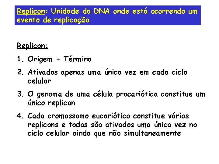 Replicon: Unidade do DNA onde está ocorrendo um evento de replicação Replicon: 1. Origem