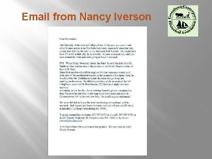 Email from Nancy Iverson 