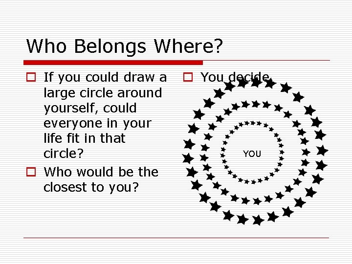 Who Belongs Where? o If you could draw a large circle around yourself, could