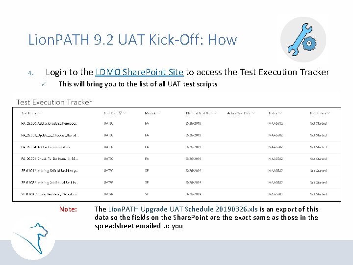 Lion. PATH 9. 2 UAT Kick-Off: How 4. Login to the LDMO Share. Point