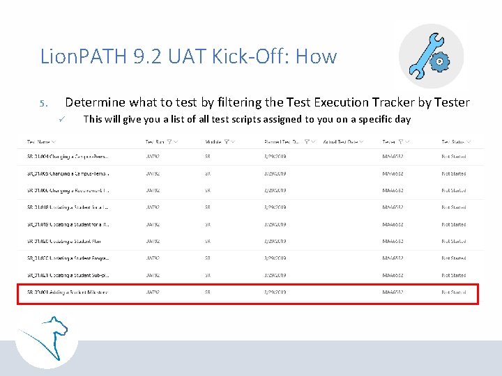 Lion. PATH 9. 2 UAT Kick-Off: How 5. Determine what to test by filtering