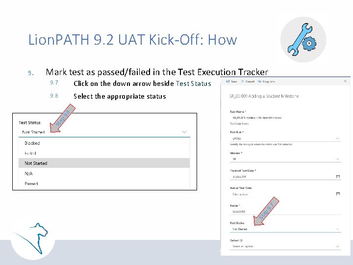 Lion. PATH 9. 2 UAT Kick-Off: How Mark test as passed/failed in the Test