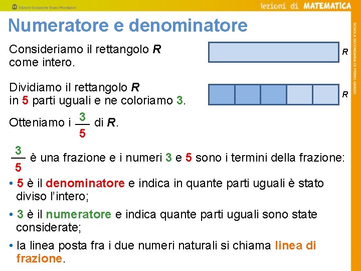 Numeratore e denominatore Consideriamo il rettangolo R come intero. R Dividiamo il rettangolo R