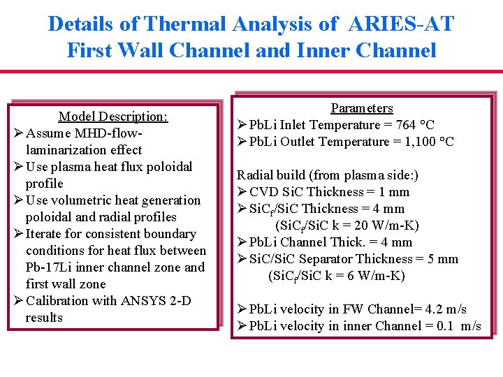 Details of Thermal Analysis of ARIES-AT First Wall Channel and Inner Channel Model Description: