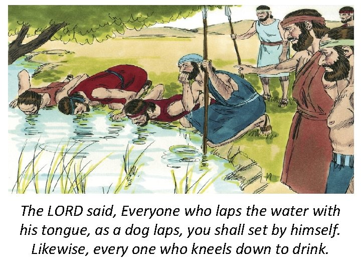 The LORD said, Everyone who laps the water with his tongue, as a dog