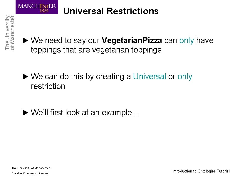 Universal Restrictions ► We need to say our Vegetarian. Pizza can only have toppings