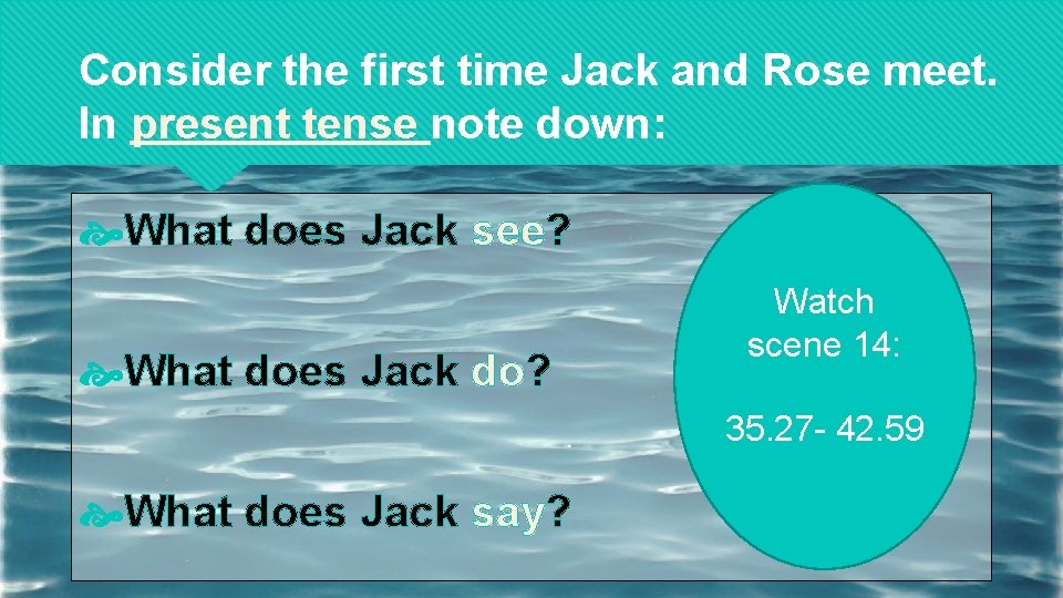 Consider the first time Jack and Rose meet. In present tense note down: What