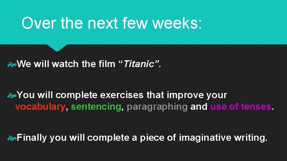 Over the next few weeks: We will watch the film “Titanic”. You will complete