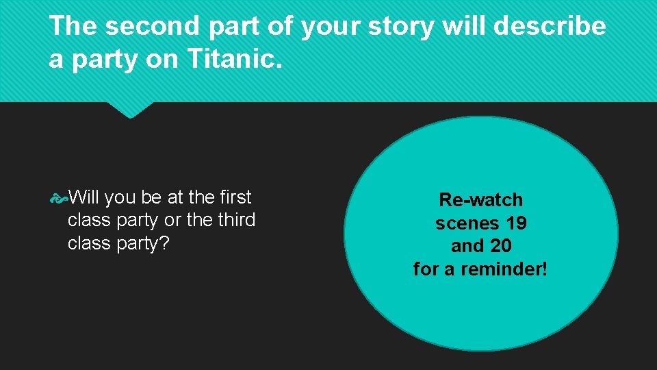 The second part of your story will describe a party on Titanic. Will you