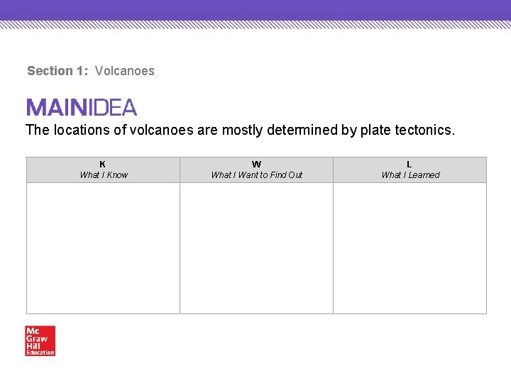 Section 1: Volcanoes The locations of volcanoes are mostly determined by plate tectonics. K