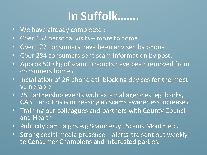 In Suffolk……. • • • We have already completed : Over 132 personal visits