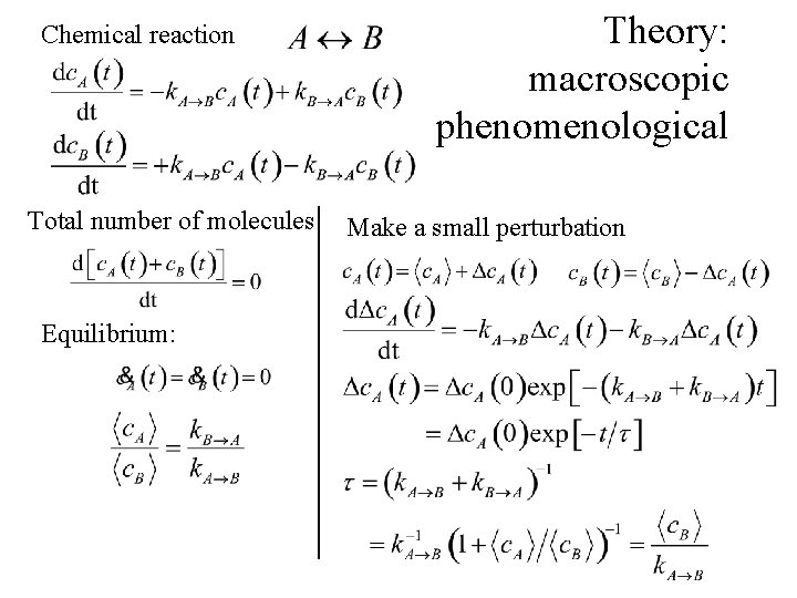 Chemical reaction Total number of molecules Equilibrium: Theory: macroscopic phenomenological Make a small perturbation