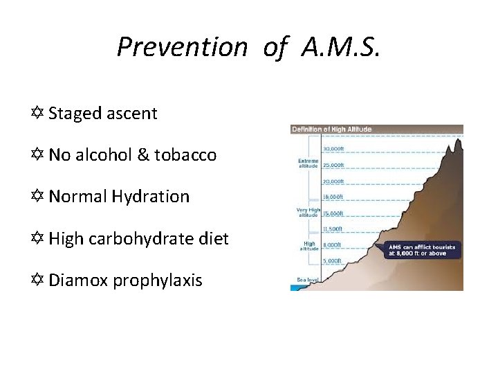 Prevention of A. M. S. Y Staged ascent Y No alcohol & tobacco Y