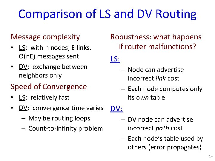 Comparison of LS and DV Routing Message complexity • LS: with n nodes, E