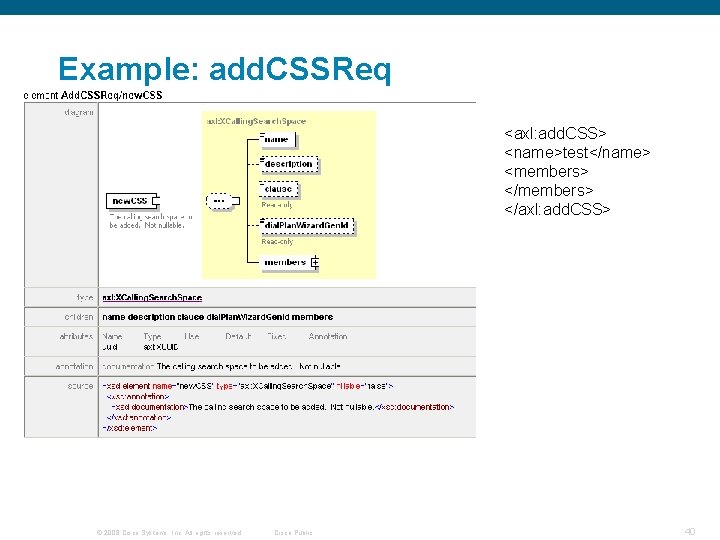 Example: add. CSSReq <axl: add. CSS> <name>test</name> <members> </axl: add. CSS> © 2008 Cisco Example: add. CSSReq <axl: add. CSS> <name>test</name> <members> </axl: add. CSS> © 2008 Cisco