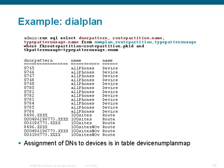 Example: dialplan admin: run sql select dnorpattern, routepartition. name, typepatternusage. name from numplan, routepartition, Example: dialplan admin: run sql select dnorpattern, routepartition. name, typepatternusage. name from numplan, routepartition,