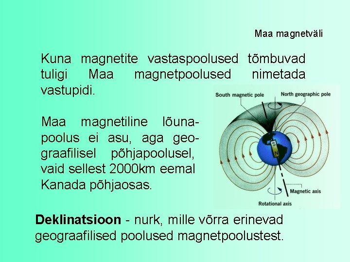 Maa magnetväli Kuna magnetite vastaspoolused tõmbuvad tuligi Maa magnetpoolused nimetada vastupidi. Maa magnetiline lõunapoolus
