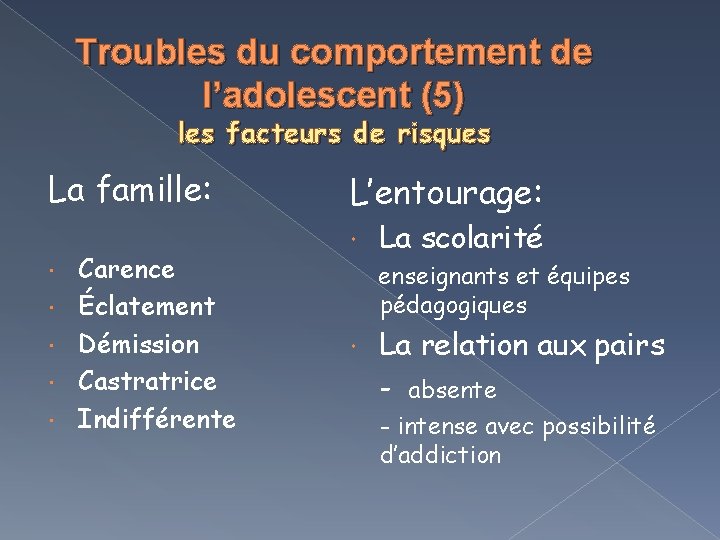 Troubles du comportement de l’adolescent (5) les facteurs de risques La famille: Carence Éclatement