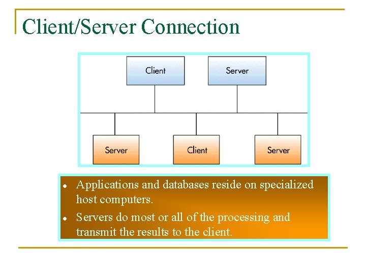 Client/Server Connection l l Applications and databases reside on specialized host computers. Servers do