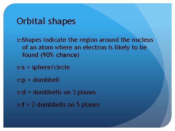 Orbital shapes Shapes indicate the region around the nucleus of an atom where an Orbital shapes Shapes indicate the region around the nucleus of an atom where an