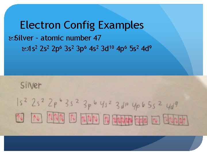 Electron Config Examples Silver – atomic number 47 1 s 2 2 p 6 Electron Config Examples Silver – atomic number 47 1 s 2 2 p 6