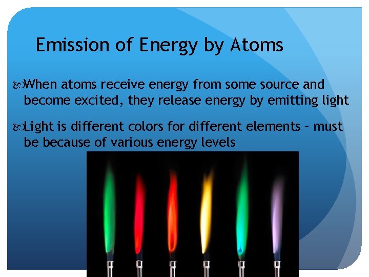 Emission of Energy by Atoms When atoms receive energy from some source and become Emission of Energy by Atoms When atoms receive energy from some source and become