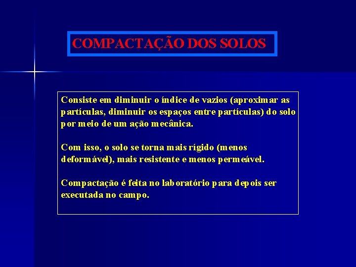 COMPACTAÇÃO DOS SOLOS Consiste em diminuir o índice de vazios (aproximar as partículas, diminuir