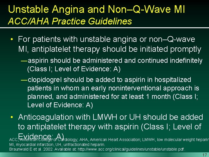 Unstable Angina and Non–Q-Wave MI ACC/AHA Practice Guidelines • For patients with unstable angina