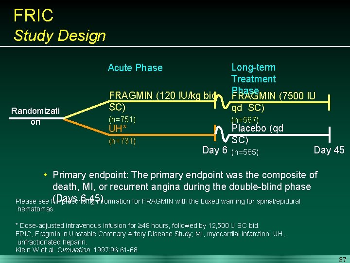 FRIC Study Design FRAGMIN (120 IU/kg bid SC) Long-term Treatment Phase FRAGMIN (7500 IU