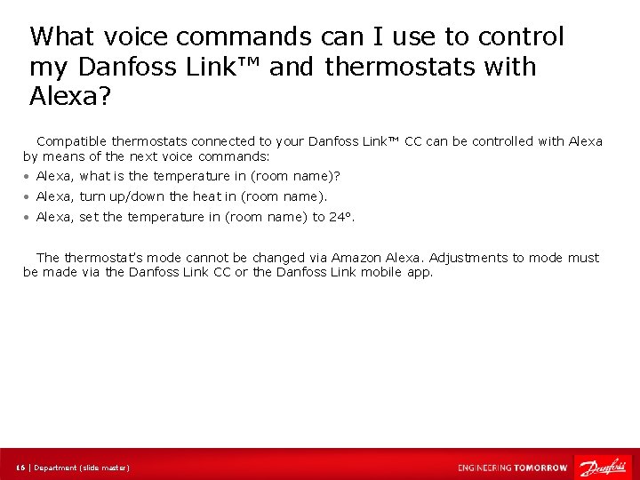 What voice commands can I use to control my Danfoss Link™ and thermostats with
