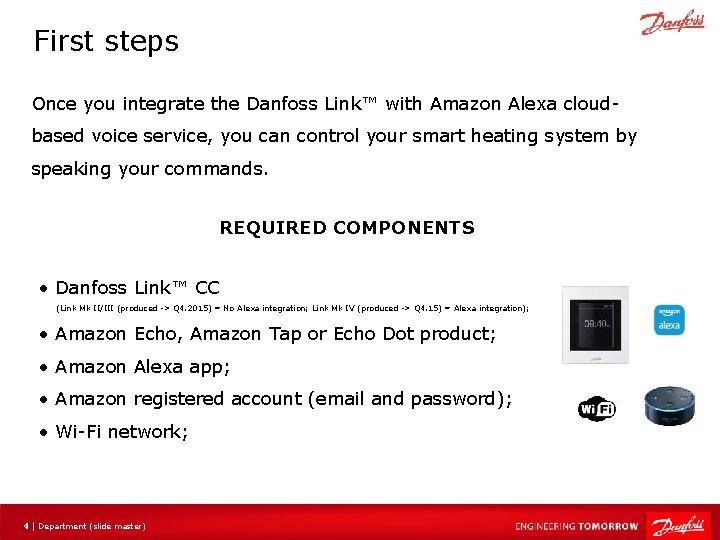 First steps Once you integrate the Danfoss Link™ with Amazon Alexa cloudbased voice service,