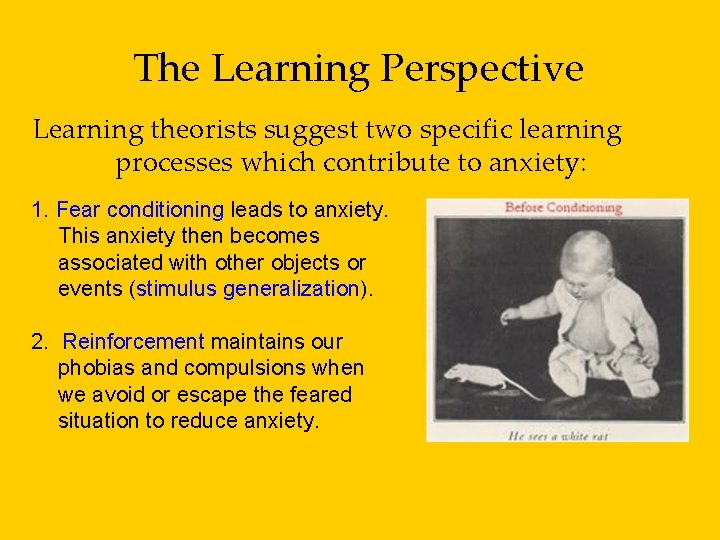 The Learning Perspective Learning theorists suggest two specific learning processes which contribute to anxiety: