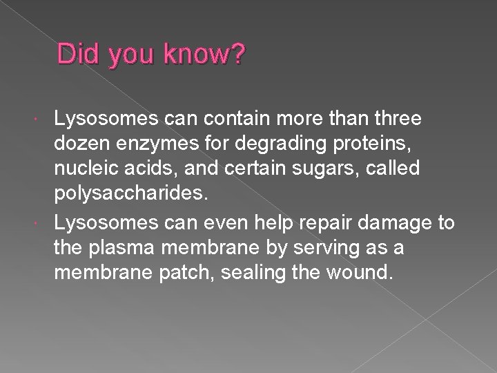 Did you know? Lysosomes can contain more than three dozen enzymes for degrading proteins,