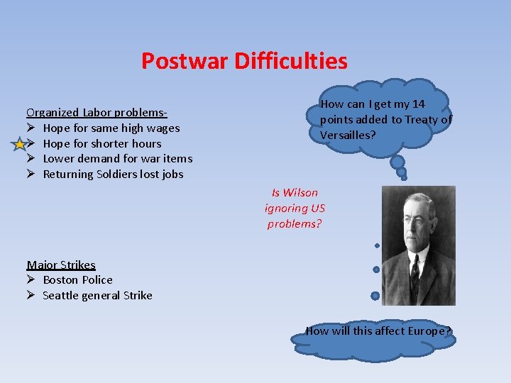 Postwar Difficulties Organized Labor problemsØ Hope for same high wages Ø Hope for shorter