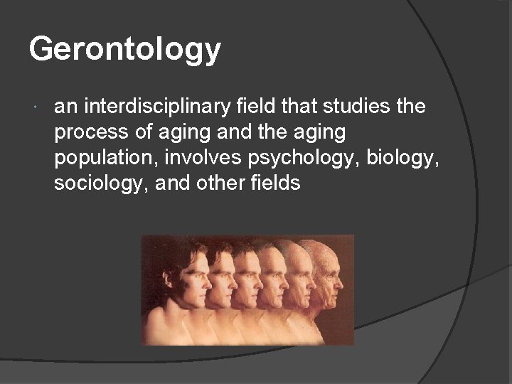Gerontology an interdisciplinary field that studies the process of aging and the aging population, Gerontology an interdisciplinary field that studies the process of aging and the aging population,