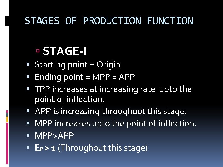 STAGES OF PRODUCTION FUNCTION STAGE-I Starting point = Origin Ending point = MPP =