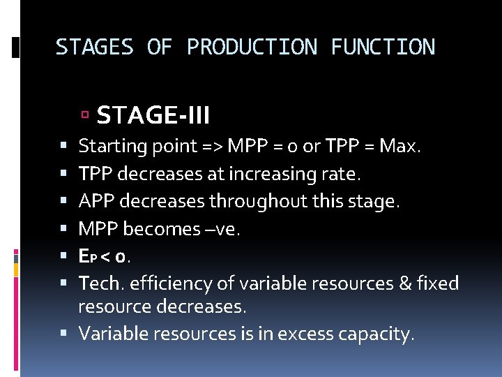 STAGES OF PRODUCTION FUNCTION STAGE-III Starting point => MPP = 0 or TPP =