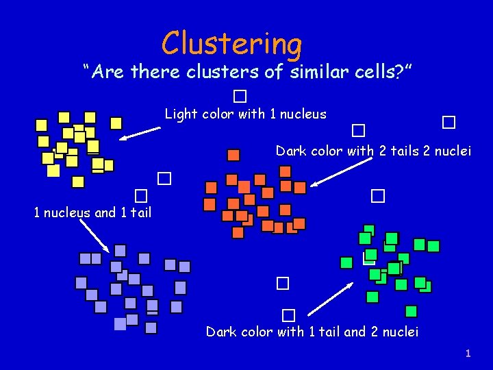 Clustering “Are there clusters of similar cells? ” Light color with 1 nucleus Dark