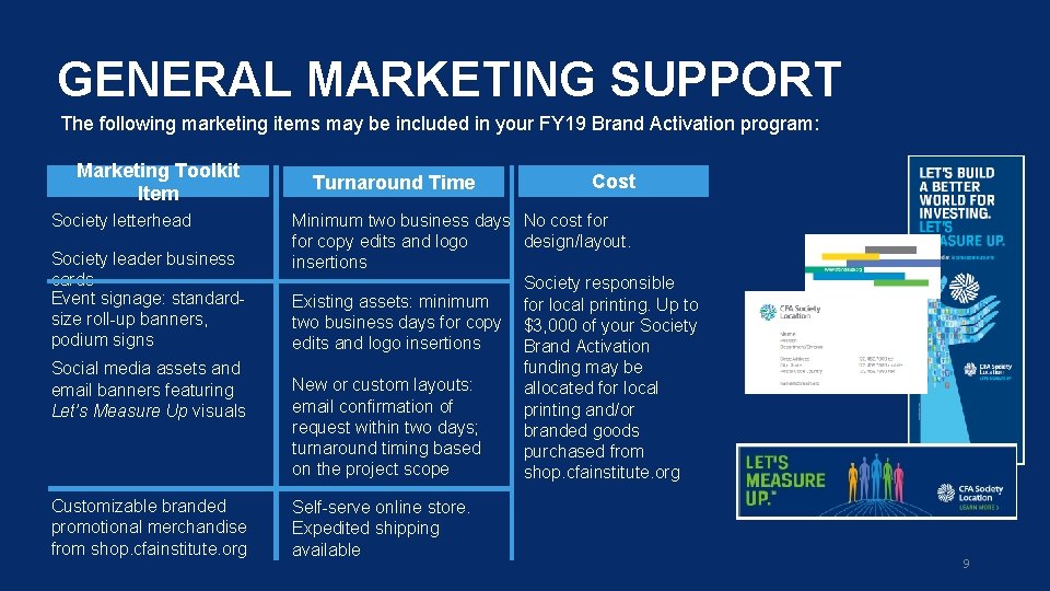 GENERAL MARKETING SUPPORT The following marketing items may be included in your FY 19
