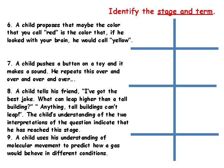 Identify the stage and term. 6. A child proposes that maybe the color that